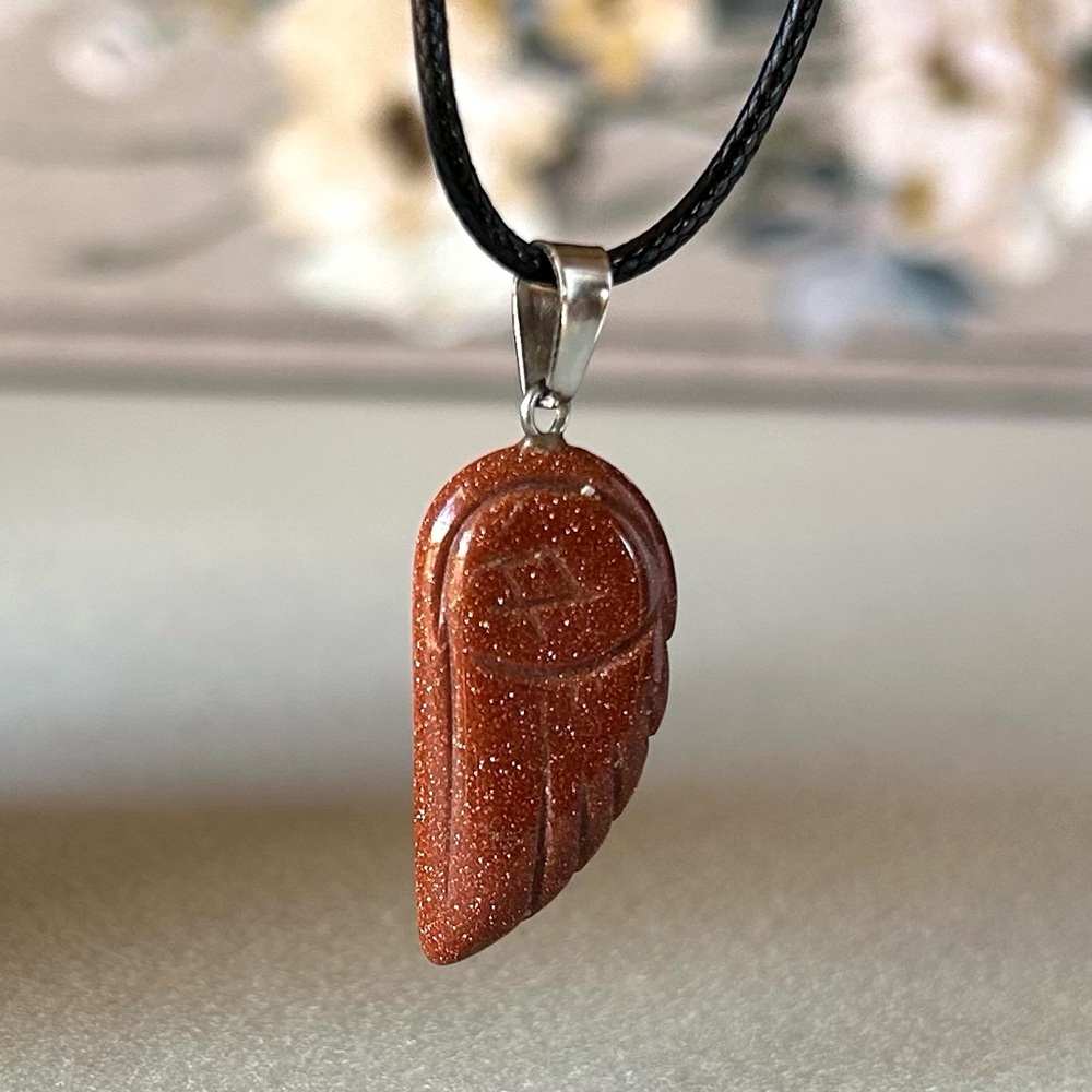 Gold Sandstone Angel Wing Pendant Natural Crystal Gemstone Necklace